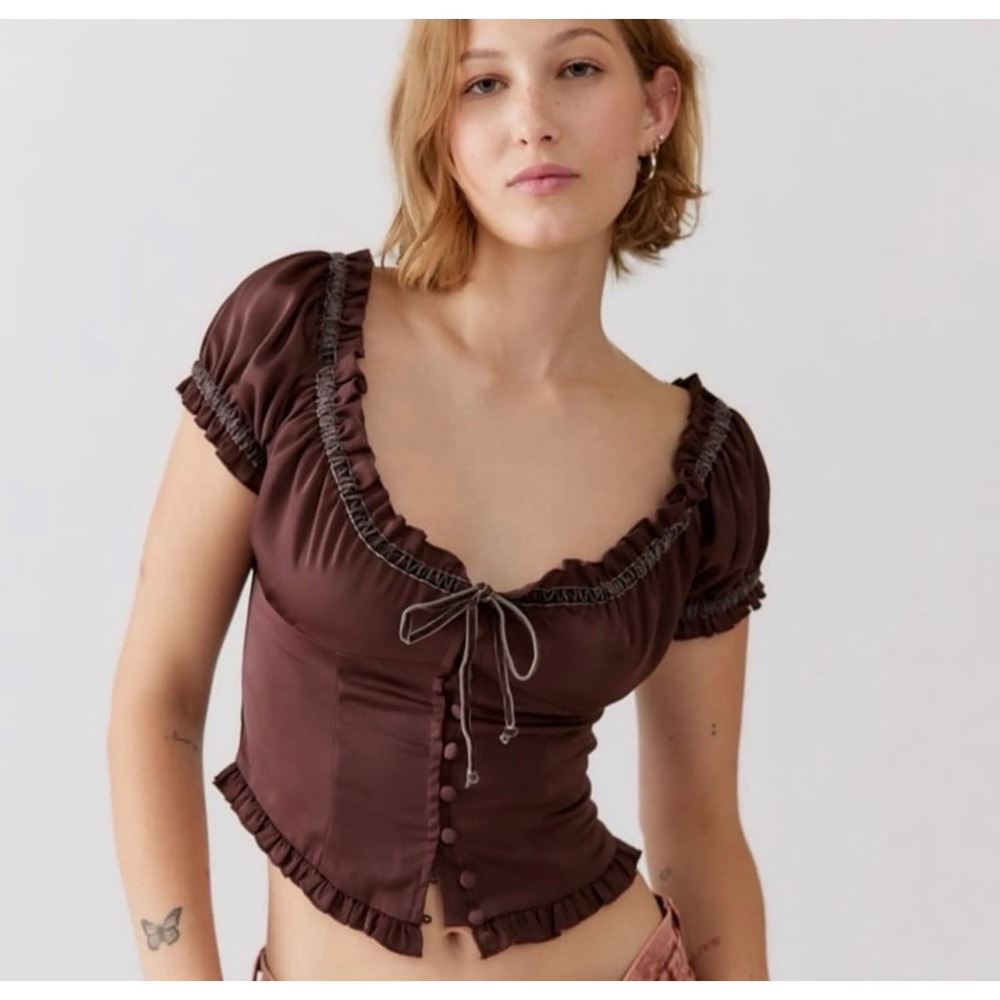 Urban Outfitters Brown Satin Milkmaid Corset Top Ruffle Puff Sleeve Sweetheart M